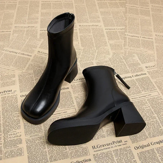 Black Women's Ankle Boots Fashion Back Zippers Short Square Heel Women Shoes Anti-slip Thick Sole Leisure Daily Commute Boots