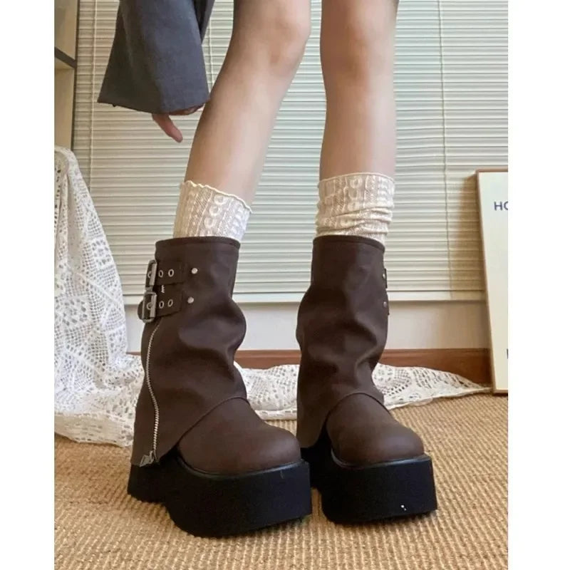 Tassel Boots for Women Retro Gothic Trend Women Boots Chelsea Mid Heels Motorcycle Boots Women Fashion Knee High Botas