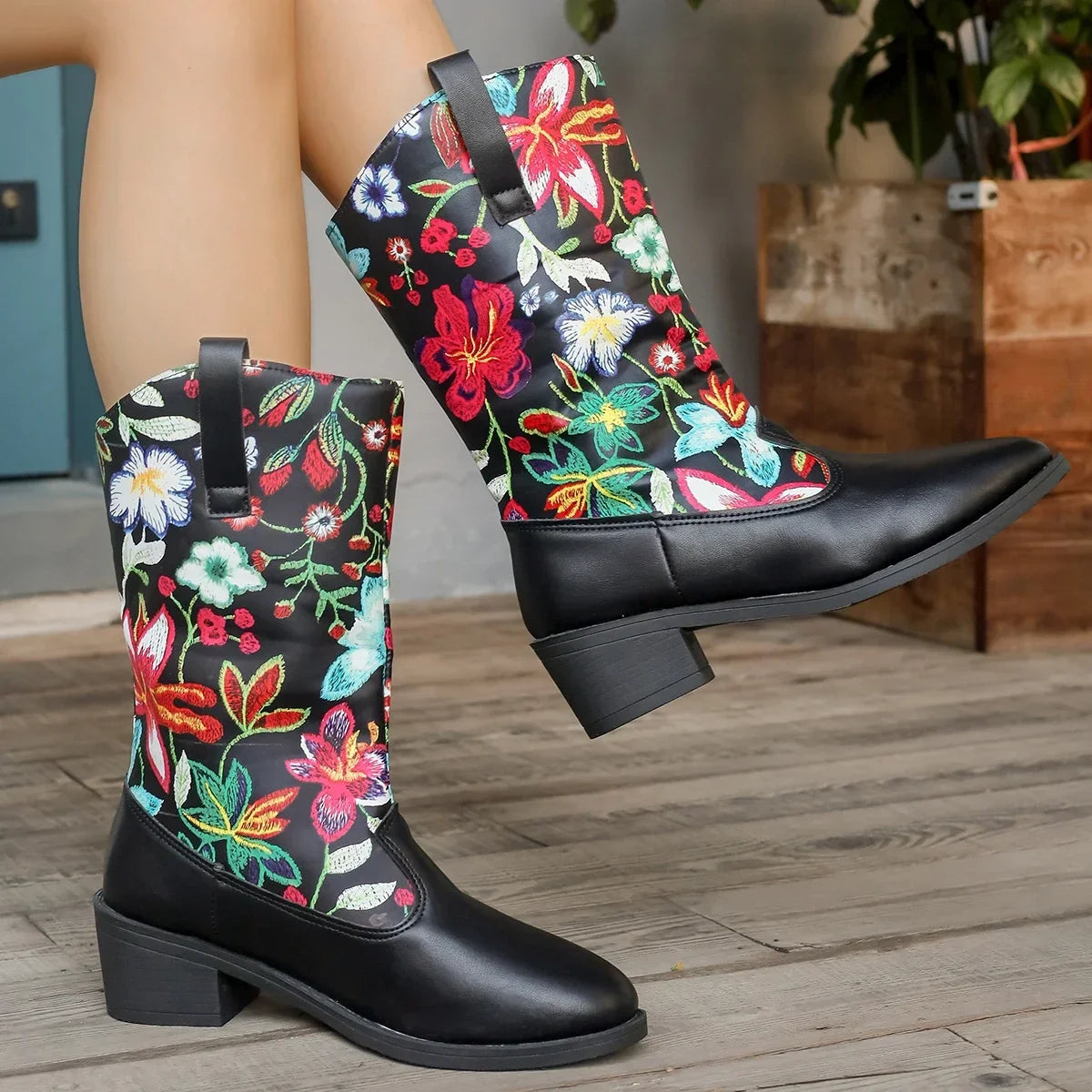 Women's Flower Print Mid Calf Boots PU Leather Chunky Heeled Shoes Street Cowboy Boots Woman Pointed Slip on Western Botas Mujer