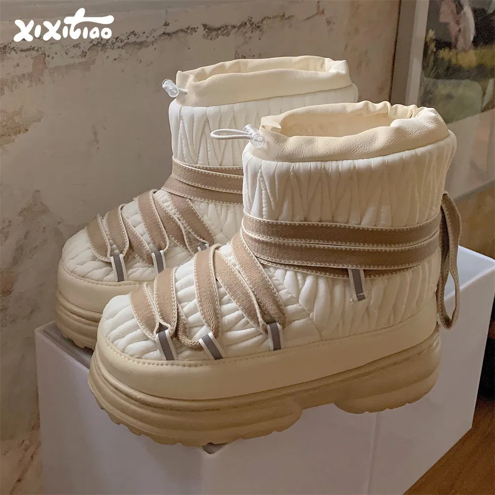 Winter Tied Snow Boots With Thick Soles, Waterproof, Anti Slip, Warm And Plush Cotton Shoes