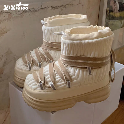 Winter Tied Snow Boots With Thick Soles, Waterproof, Anti Slip, Warm And Plush Cotton Shoes