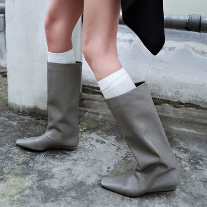 Cowhide Zapatos De Mujer Autumn and Winter New Simple Square Head Low Heel Boots  Sleeve Boots for Women Hot Selling
