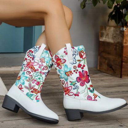 Women's Flower Print Mid Calf Boots PU Leather Chunky Heeled Shoes Street Cowboy Boots Woman Pointed Slip on Western Botas Mujer