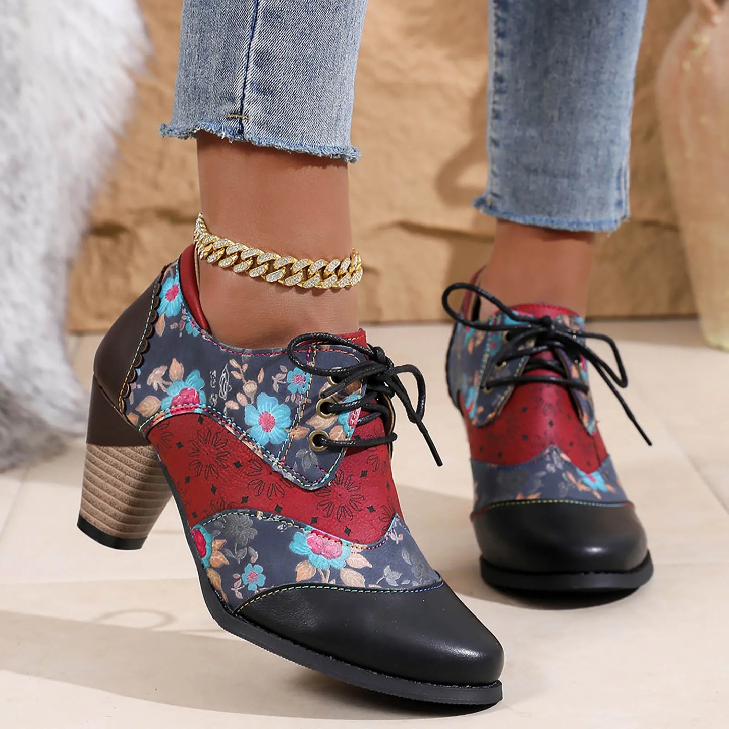 Bohemian Women PU Leather Shoes Ethnic Style Lace Up Fashion Casual Vintage Shoes Zipper High Heel Short Boots Botas Mujer