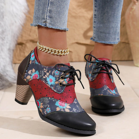 Bohemian Women PU Leather Shoes Ethnic Style Lace Up Fashion Casual Vintage Shoes Zipper High Heel Short Boots Botas Mujer