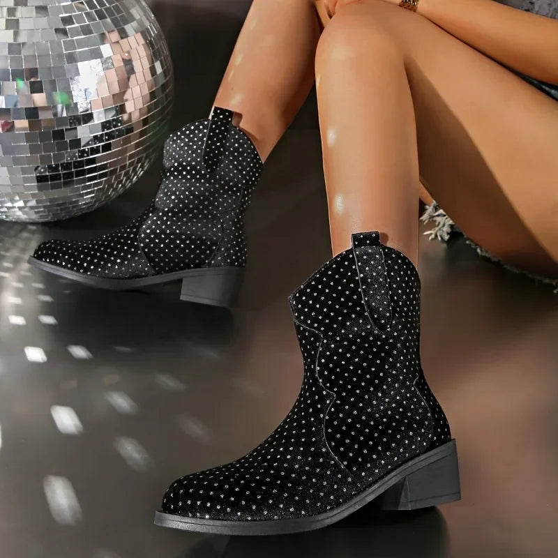 Fashion Plus Size Modern Boots Women 2024 Hot Sale Ladies Shoes Side Zipper Women's Boots New Crystal Round Toe Mid-Calf Boots