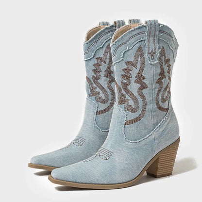 Liyke 2025 Autumn Winter Comfy Western Cowboy Boots Vintage Women Embroidery Denim High Heels Party Dress Ladies Shoes Booties