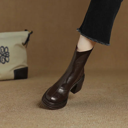 Winter Vintage Women Stretch Ankle Boots Elegant Platform Thick Heel Shoes Concise Short Botas De Mujer