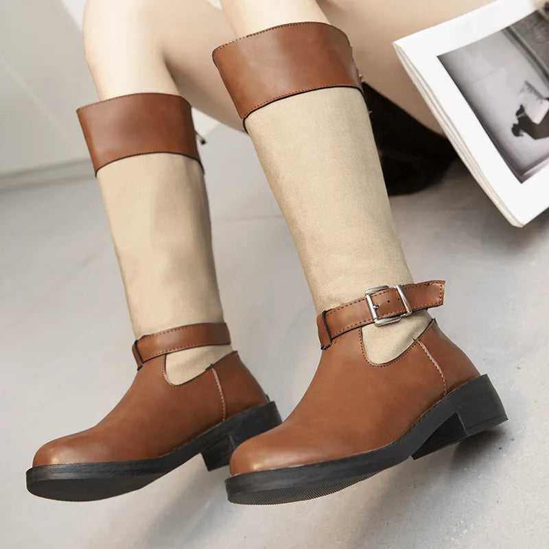 Retro Printed Flower Cowgirl Boots Women Shoes Woman Genuine Leather Mid-calf Boots Winter Bohemian Knight Botas Mujer