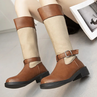 Retro Printed Flower Cowgirl Boots Women Shoes Woman Genuine Leather Mid-calf Boots Winter Bohemian Knight Botas Mujer