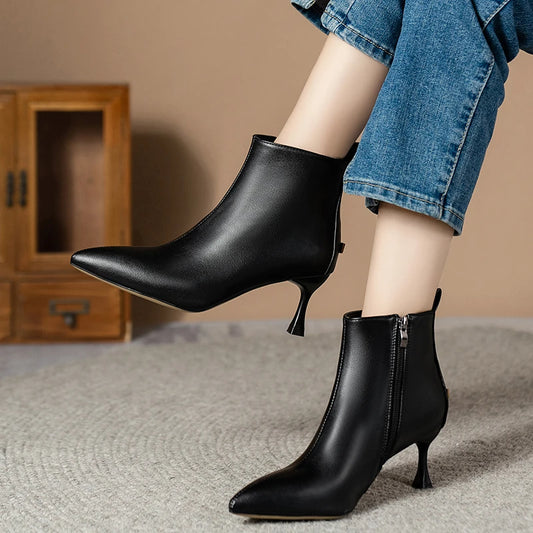 Brand Designer 2024 Autumn New Simple Solid Color Sexy Pointed Stiletto Heels Women's Fashion Zipper Casual Comfortable Boots