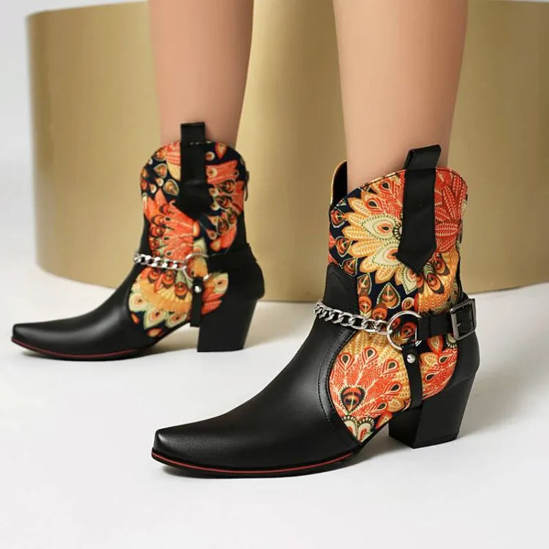 Autumn winter new style fashion thick heeled women's boots pointed toe Printing Flowers chain Short boots high 5.5cm size 35-48