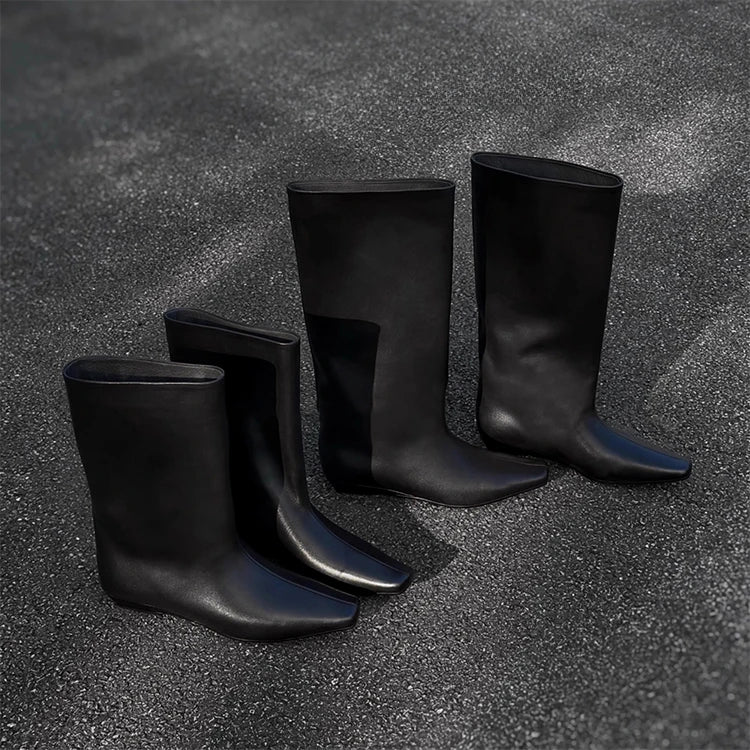 Cowhide Zapatos De Mujer Autumn and Winter New Simple Square Head Low Heel Boots  Sleeve Boots for Women Hot Selling