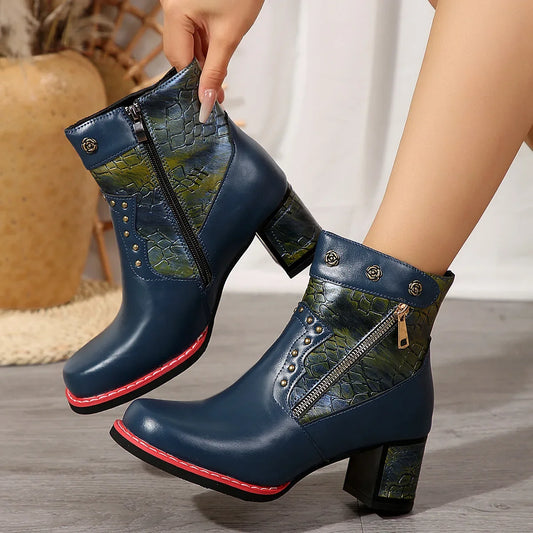 Ethnic Style Women's Casual Leather Boots 2024 Winter Retro Splicing Chunky Heel Women's Shoes High-heeled Short Fashion Botas