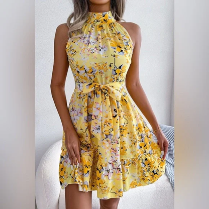 LM | Floral trapeze dress with bow belt at the waist and ruffled hem