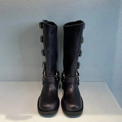 Autumn Winter Woman Platform Fashion Boots 2025 New Design Femme Zip Chuny Heel Buckle Vintage Casual Shoes Ladies Length Boots