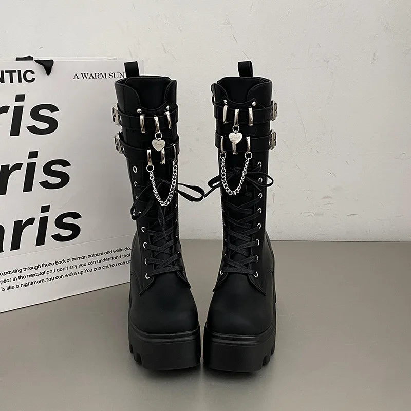 Women's Punk Gothic Boots 2025 Fashion Buckle Chain High Heels Mid Calf Boots Women Black Pu Leather Plus Size 42 Autumn Botas