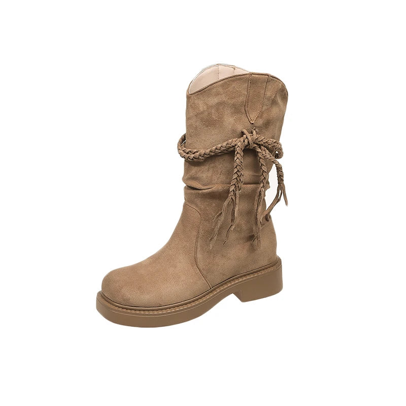 New Retro Fashion Style Fashion Boots Thick Heel Long Tube Slim Look Stacked Middle Boots Platform Long Winter Suede Snow Boots