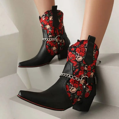 Autumn winter new style fashion thick heeled women's boots pointed toe Printing Flowers chain Short boots high 5.5cm size 35-48
