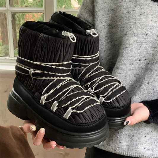 Winter Tied Snow Boots With Thick Soles, Waterproof, Anti Slip, Warm And Plush Cotton Shoes