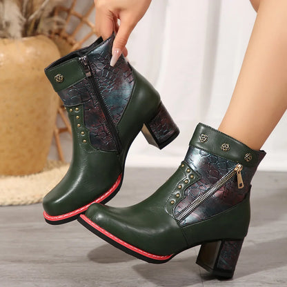 Ethnic Style Women's Casual Leather Boots 2024 Winter Retro Splicing Chunky Heel Women's Shoes High-heeled Short Fashion Botas