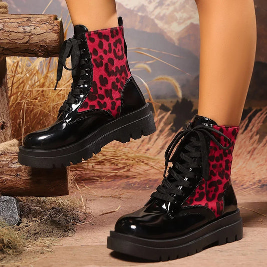 Sexy Red Leopard Ankle Boots for Women Autumn 2024 Patent Leather Lace Up Motorcycle Boots Woman Chunky Platform Short Booties