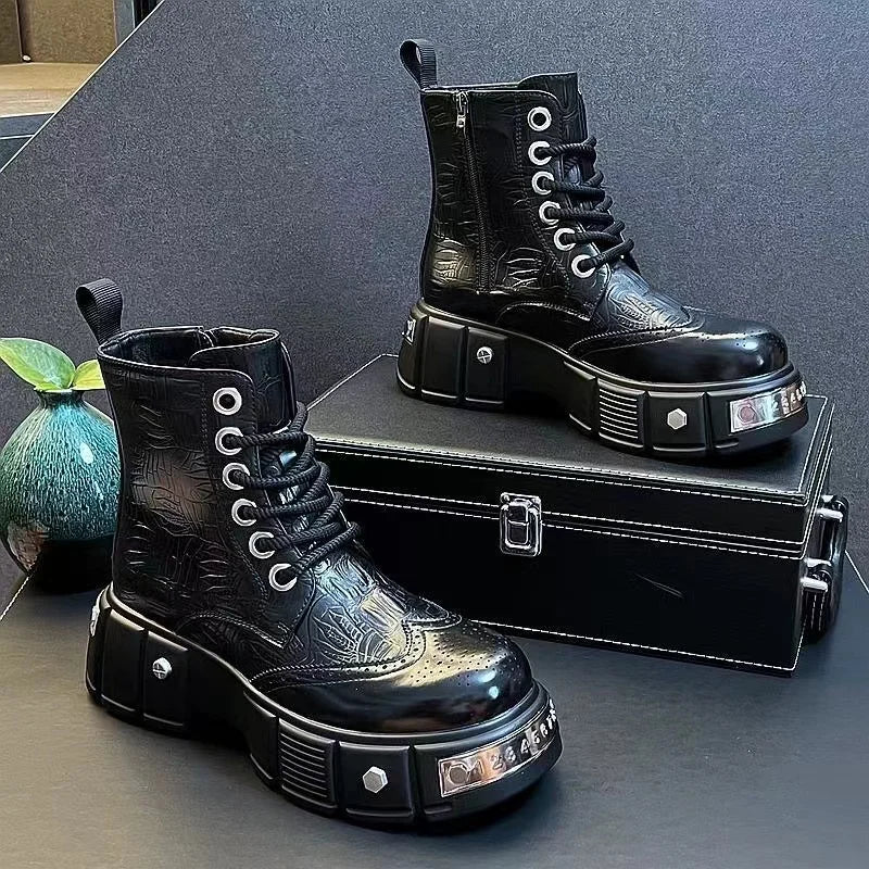 Luxurious Boots Men's 2025 Retro Rivet Carving Leather Boots Chelsea High-top Shoes for Man Punk Motorcycle Work Boots