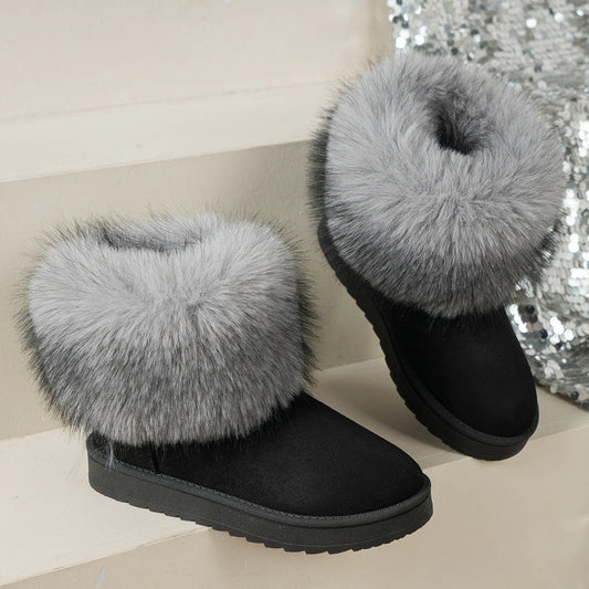 Faux Fur Flat Heels Snow Boots Women 2025 Winter Slip On Warm Thicken Plush Ankle Boots Woman Non Slip Cotton Padded Shoes