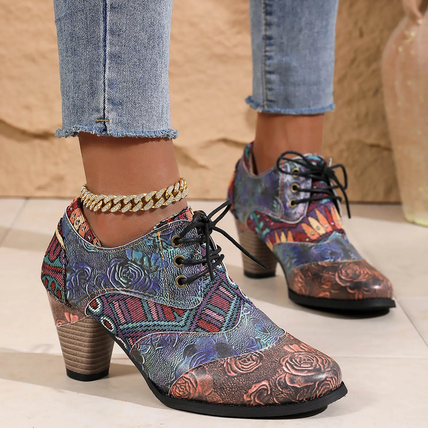 Bohemian Women PU Leather Shoes Ethnic Style Lace Up Fashion Casual Vintage Shoes Zipper High Heel Short Boots Botas Mujer