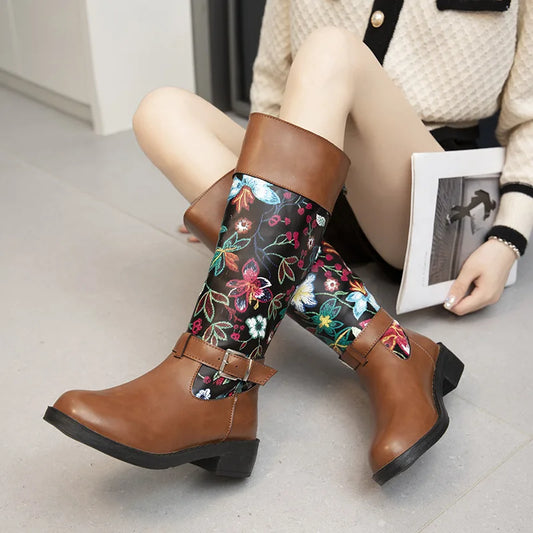 Retro Printed Flower Cowgirl Boots Women Shoes Woman Genuine Leather Mid-calf Boots Winter Bohemian Knight Botas Mujer