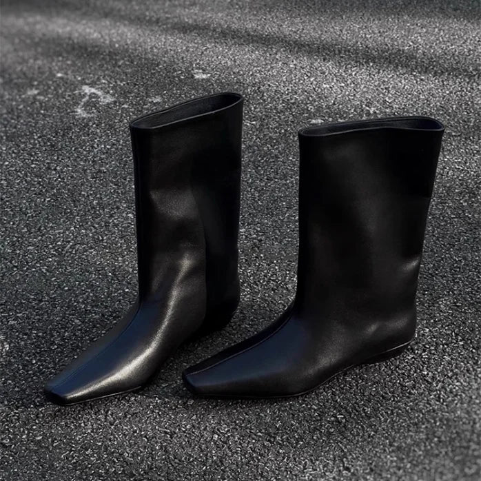 Cowhide Zapatos De Mujer Autumn and Winter New Simple Square Head Low Heel Boots  Sleeve Boots for Women Hot Selling