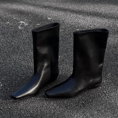 Cowhide Zapatos De Mujer Autumn and Winter New Simple Square Head Low Heel Boots  Sleeve Boots for Women Hot Selling