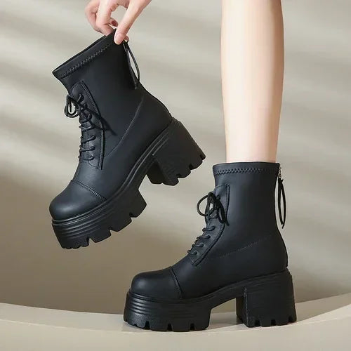 Winter Warm Brown Leather Ankle Boots Women Autumn High Platform Fur Shoes Woman 8CM Heels Chunky Motorcycle Boots Booties Mujer