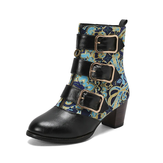 Round Toe Front Zipper Buckle Belt Designer Women Punk Shoes Chunky High Heels Goth Ankle Short Boots Big Size 47 48 Botins