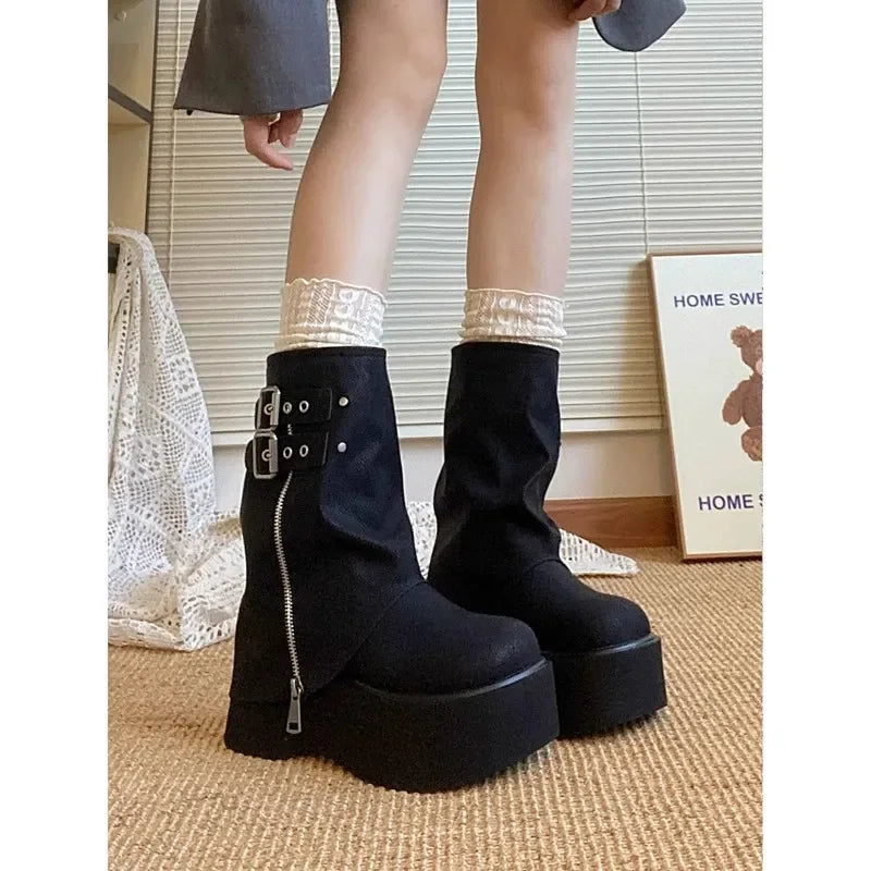 Tassel Boots for Women Retro Gothic Trend Women Boots Chelsea Mid Heels Motorcycle Boots Women Fashion Knee High Botas