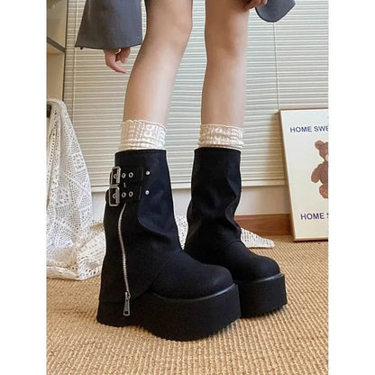 Tassel Boots for Women Retro Gothic Trend Women Boots Chelsea Mid Heels Motorcycle Boots Women Fashion Knee High Botas