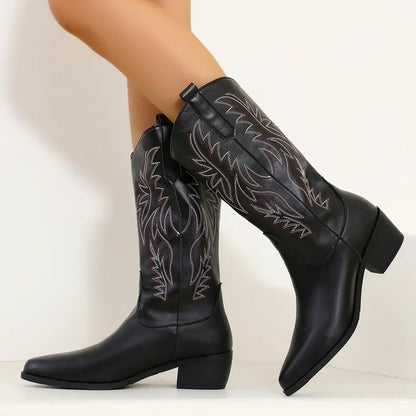 Women's Mid-Calf Boots 2024 New Autumn Winter Shoes Women Fashion Chunky Heeled Boots Vintage Western Cowgirl High Heels Boots