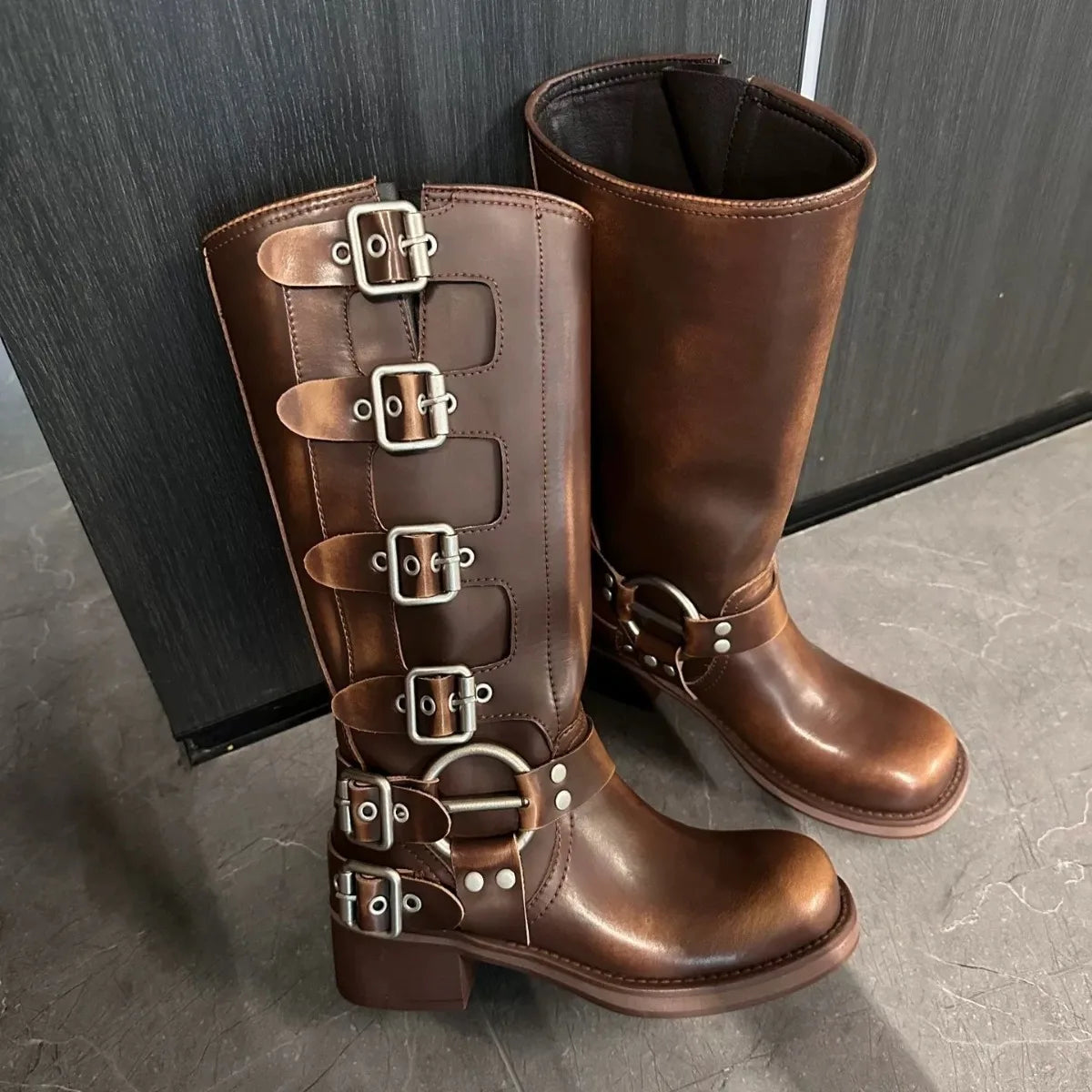 Autumn Winter Woman Platform Fashion Boots 2025 New Design Femme Zip Chuny Heel Buckle Vintage Casual Shoes Ladies Length Boots