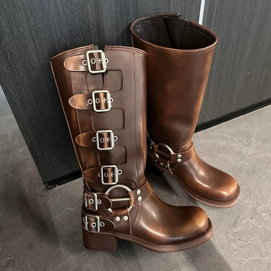 Autumn Winter Woman Platform Fashion Boots 2025 New Design Femme Zip Chuny Heel Buckle Vintage Casual Shoes Ladies Length Boots