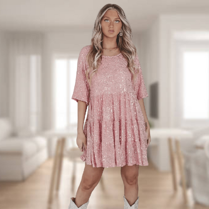 LM : Casual, shiny babydoll dress with a swinging cut