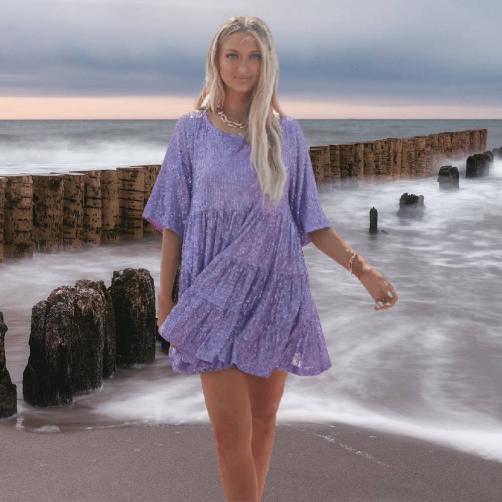 LM : Casual, shiny babydoll dress with a swinging cut