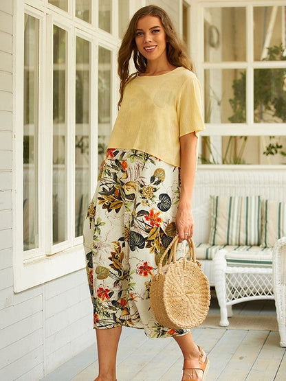 LM | Vintage-style two-piece maxi dress with short sleeves, round neckline and floral print