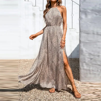 LM | Summer dress with leopard print with halter collar and sleeveless, narrow waist and slit, for women