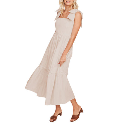 LM | Ladies One Color Tie Shoulder Ruffle Hem Maxi Dress