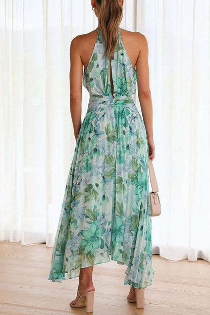 LM | pleated, mid-length dress with cut-out neckline and floral pattern