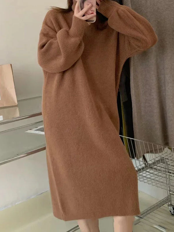 LM | Green midi dress with stand-up collar and long sleeves for women