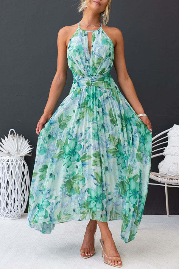 LM | pleated, mid-length dress with cut-out neckline and floral pattern