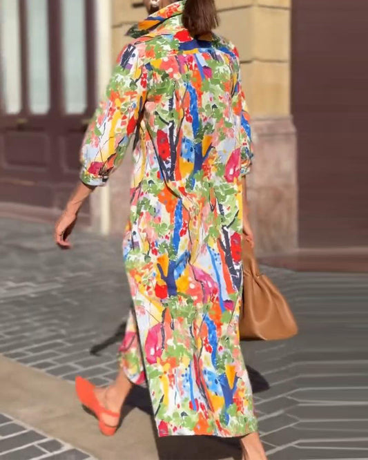 LM | Lapel From Clothing Fashion Half Sleeve Printed Swing