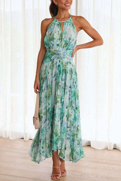 LM | pleated, mid-length dress with cut-out neckline and floral pattern