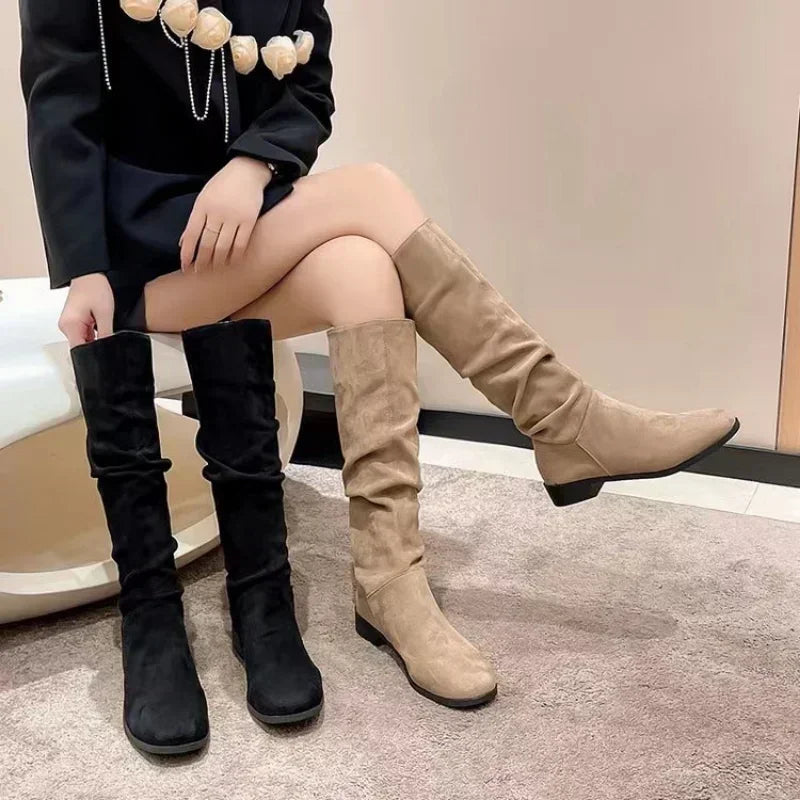 LM | SALE 45%🔥Pleated Boots Women Faux Suede Flock Knee High Boots 2024 Winter